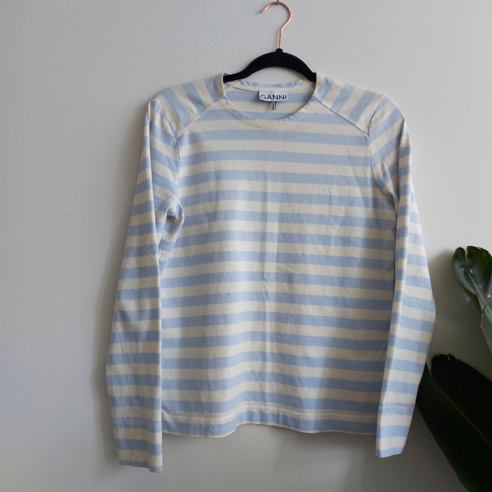 GANNI striped long sleeve cotton jersey shirt
